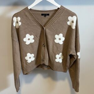 Love Tree Tan Cardigan with White Floral Design.